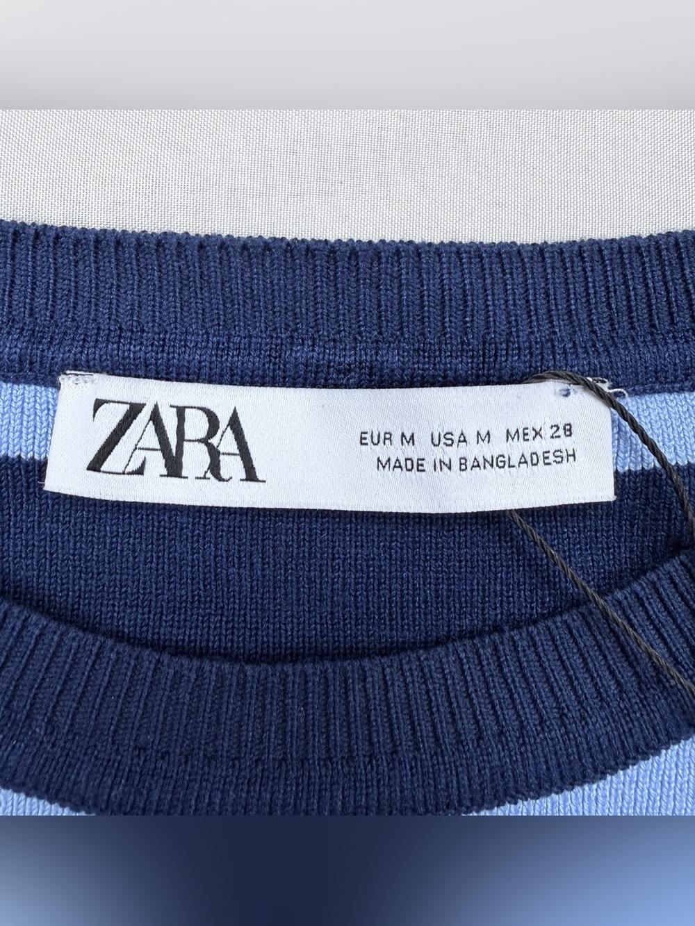 Zara Light Blue & Navy Striped Cropped Crewneck Sweater - Picture 7 of 8